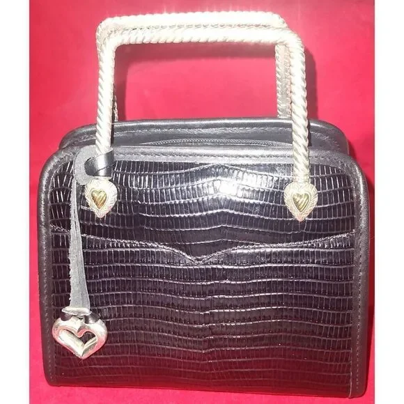 Vintage 1980s Brighton Black Croc Embossed Leather Double Metal Handle Box Purse